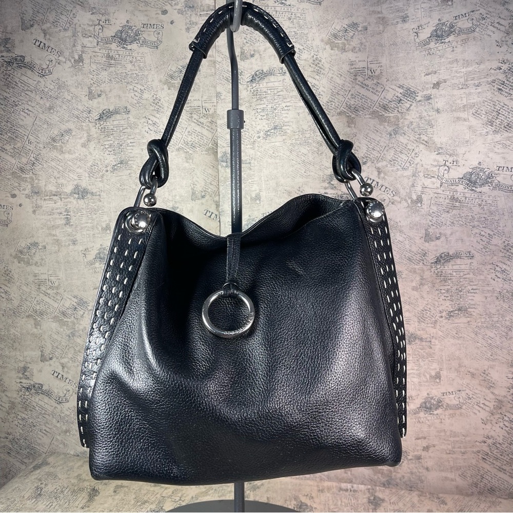 BCBGMaxAzria Black Genuine Pebbled Leather Shoulder Bag Silver Hardware Designer